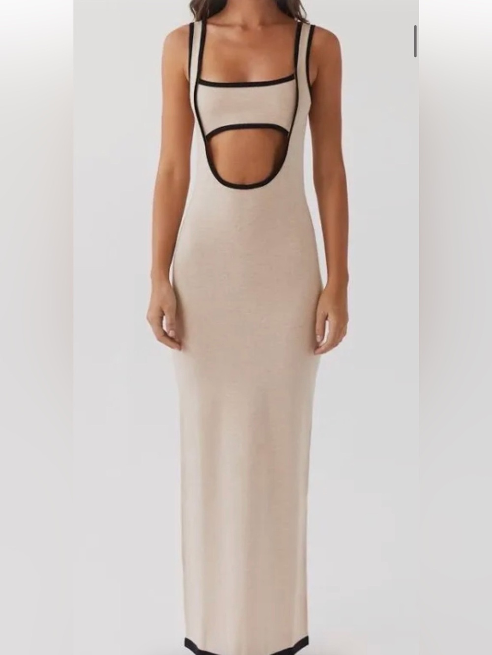 Peppermayo Beige Maxi Dress with Black Contrast Trim